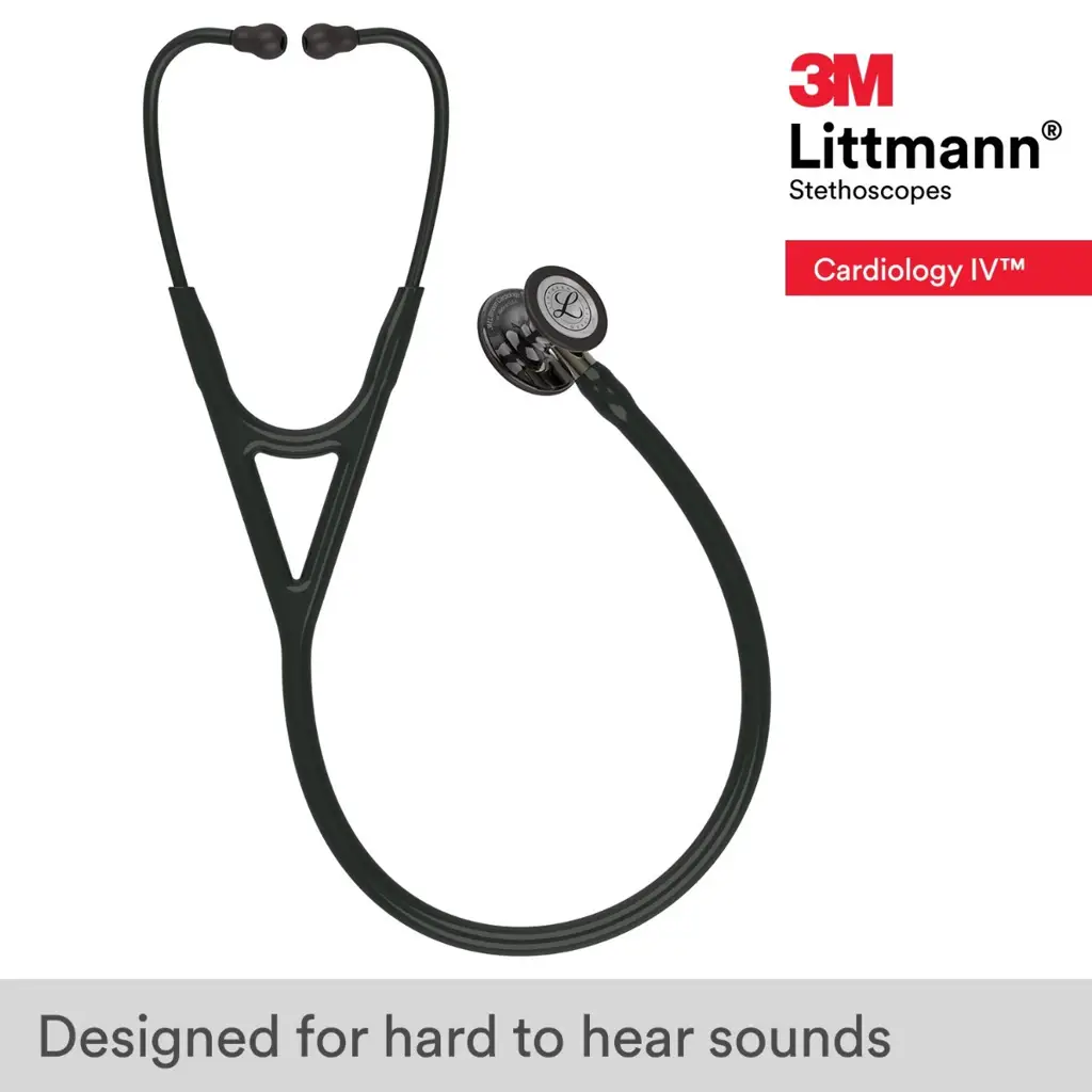 3M Littmann Cardiology IV Diagnostic Stethoscope, 6204, More Than 2X as Loud*, Weighs Less**, Stainless Steel High Polish Smoke-Finish Chestpiece, 27" Black Tube, Champagne Stem, Black Headset