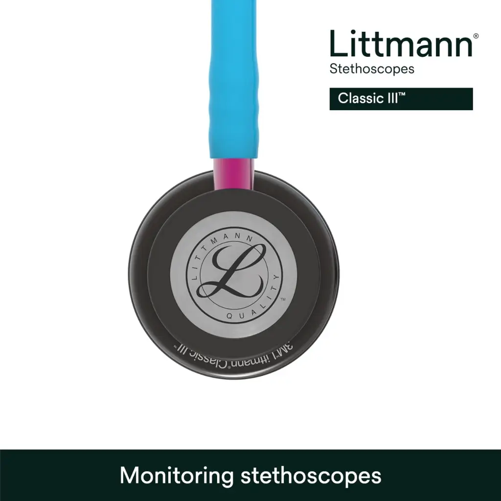 3M™ Littmann® Classic III™ Monitoring Stethoscope, 5872, SmokeChestpiece, Turquoise Tube, Pink Stem