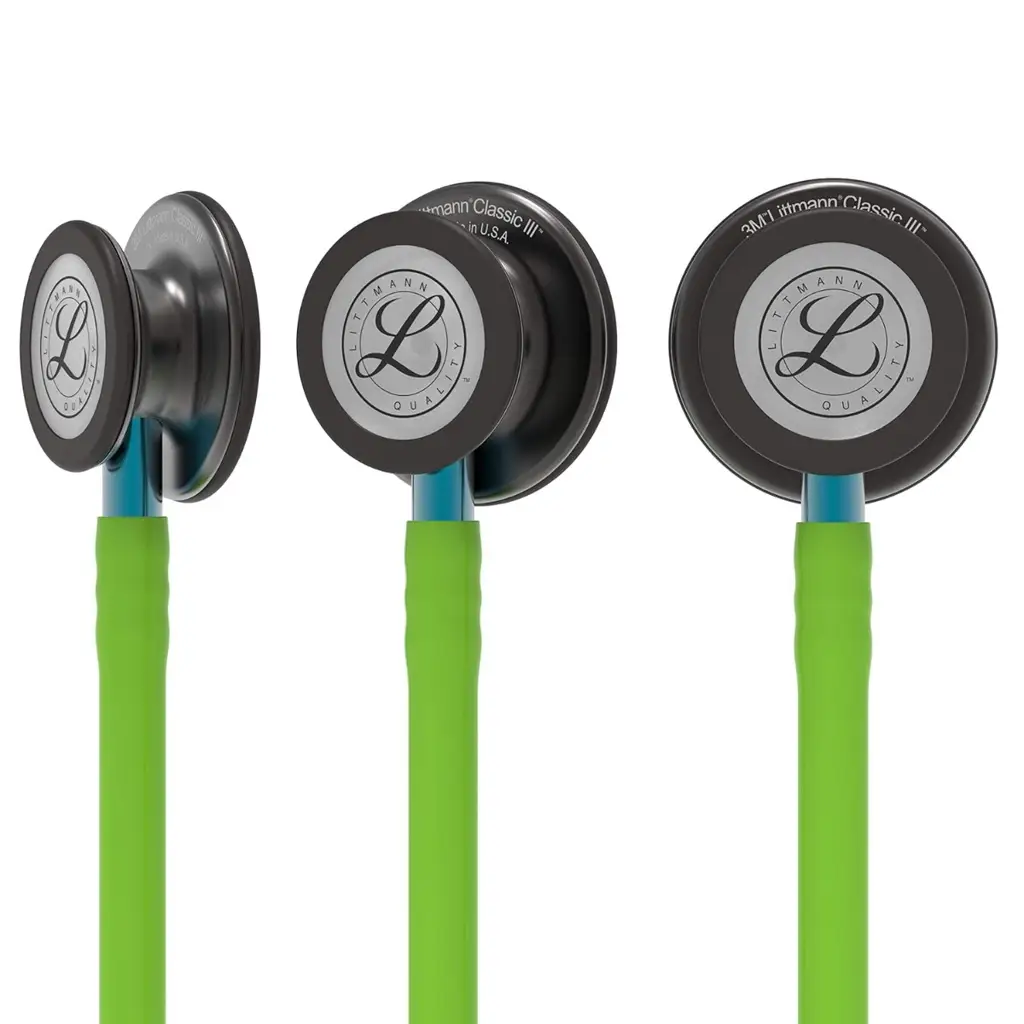 3M Littmann Classic III Monitoring Stethoscope, 5875, More Than 2X as Loud, Weighs Less, Stainless Steel Smoke-Finish Chestpiece, 27" Lime Green Tube, Blue Stem, and Smoke Headset