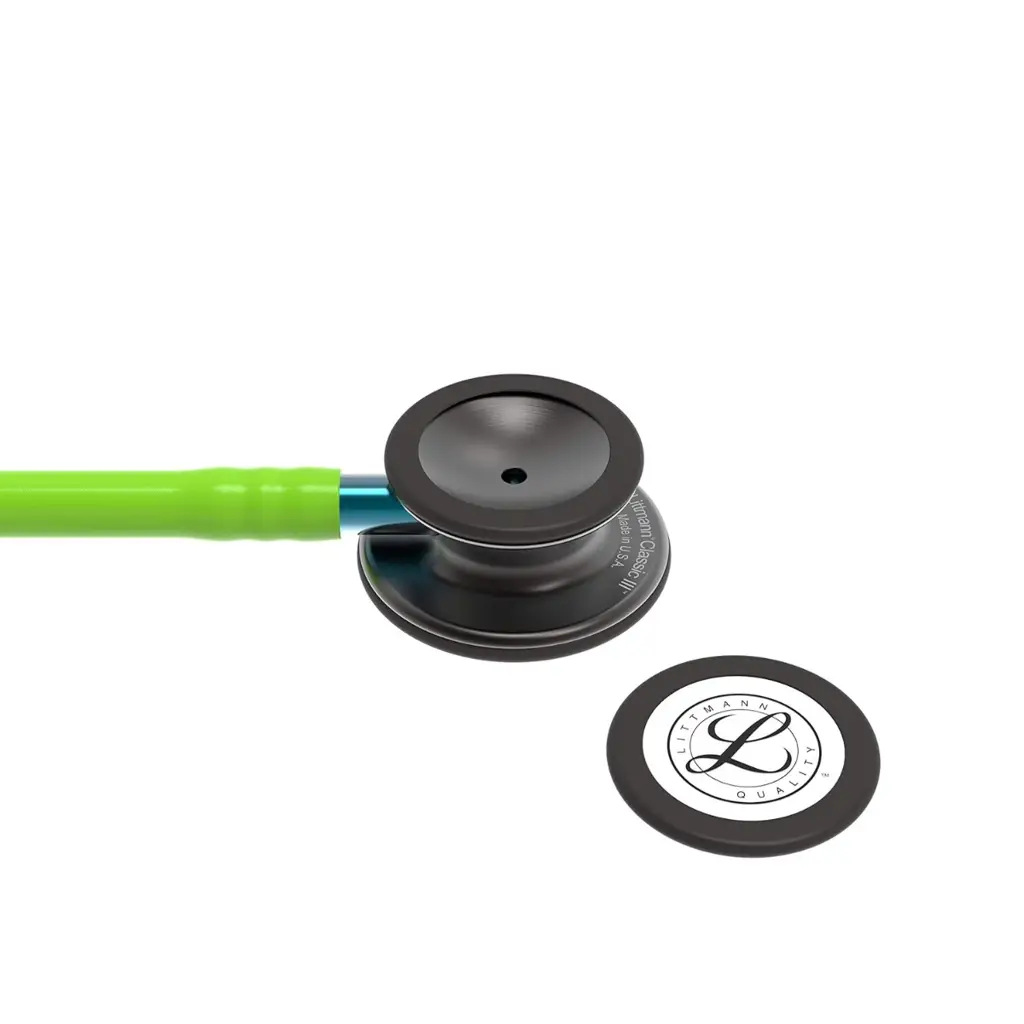 3M Littmann Classic III Monitoring Stethoscope, 5875, More Than 2X as Loud, Weighs Less, Stainless Steel Smoke-Finish Chestpiece, 27" Lime Green Tube, Blue Stem, and Smoke Headset