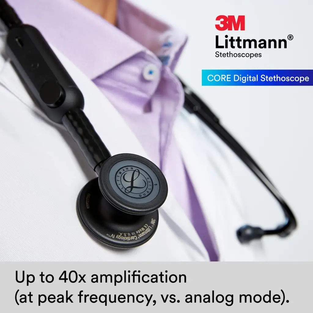 3M Littmann CORE Digital Stethoscope, Our Most Advanced Stethoscope Yet, Up To 40x Amplification, Active Noise Cancellation, In-App Sound Wave Visualization, Black-Finish Chestpiece, 8480