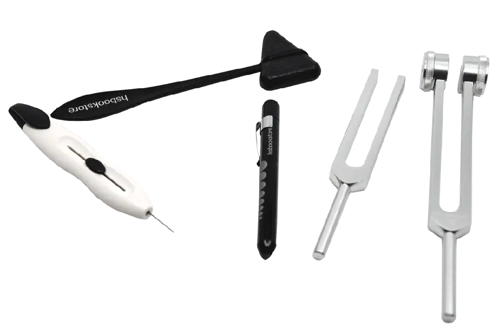 Diagnostic Kit: Percussion Taylor Reflex Hammer + C 128 & C 512 Tuning Forks + Monofilament Pen + Pupil Gauge Pen Light in Carrying Case