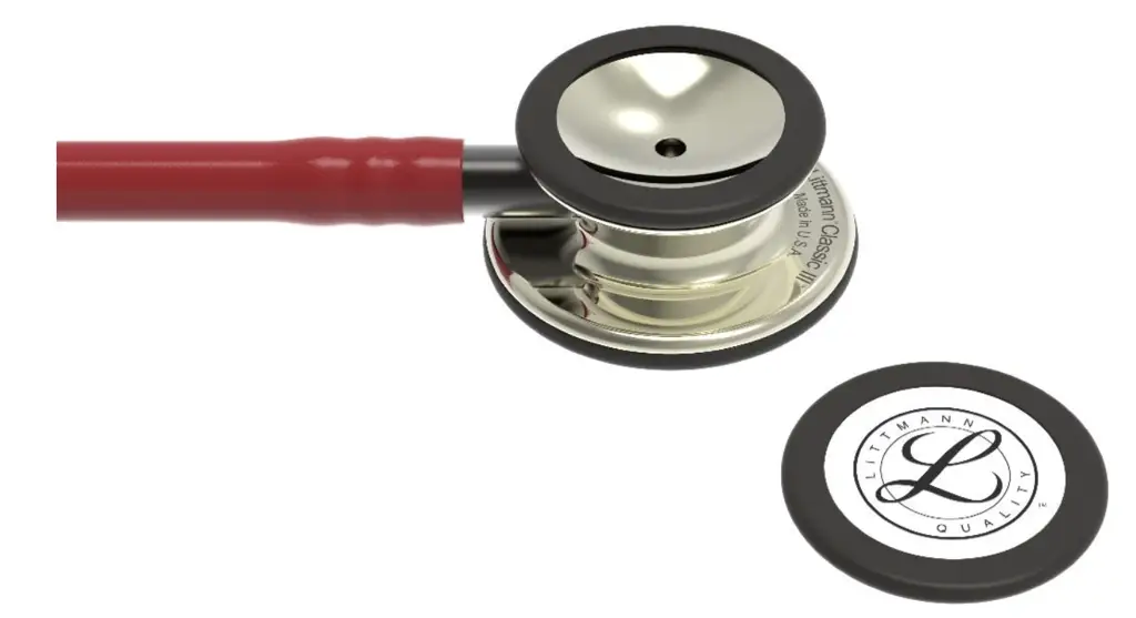 3M™ Littmann® Classic III™ Monitoring Stethoscope Champagne-Finish Chestpiece, Burgundy Tube, Smoke Stem and Headset, 27 Inch, 5864