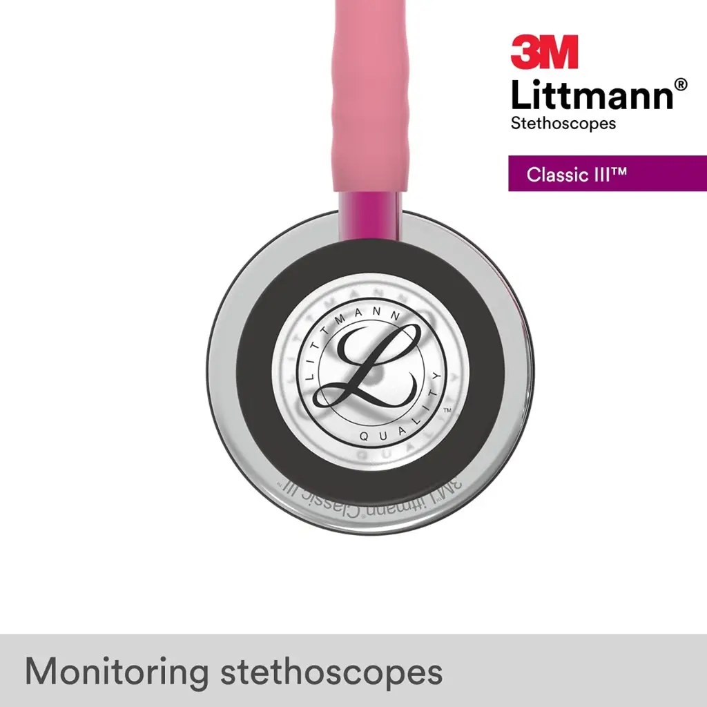 3M Littmann Classic III Monitoring Stethoscope, 5962, More Than 2X as Loud*, Weighs Less**, Stainless Steel Mirror-Finish Chestpiece, 27" Pearl Pink Tube, Pink Stem, and Smoke Headset