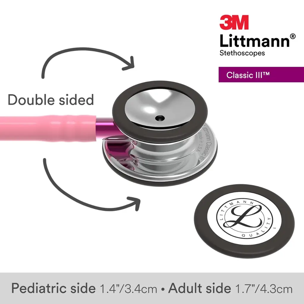 3M Littmann Classic III Monitoring Stethoscope, 5962, More Than 2X as Loud*, Weighs Less**, Stainless Steel Mirror-Finish Chestpiece, 27" Pearl Pink Tube, Pink Stem, and Smoke Headset