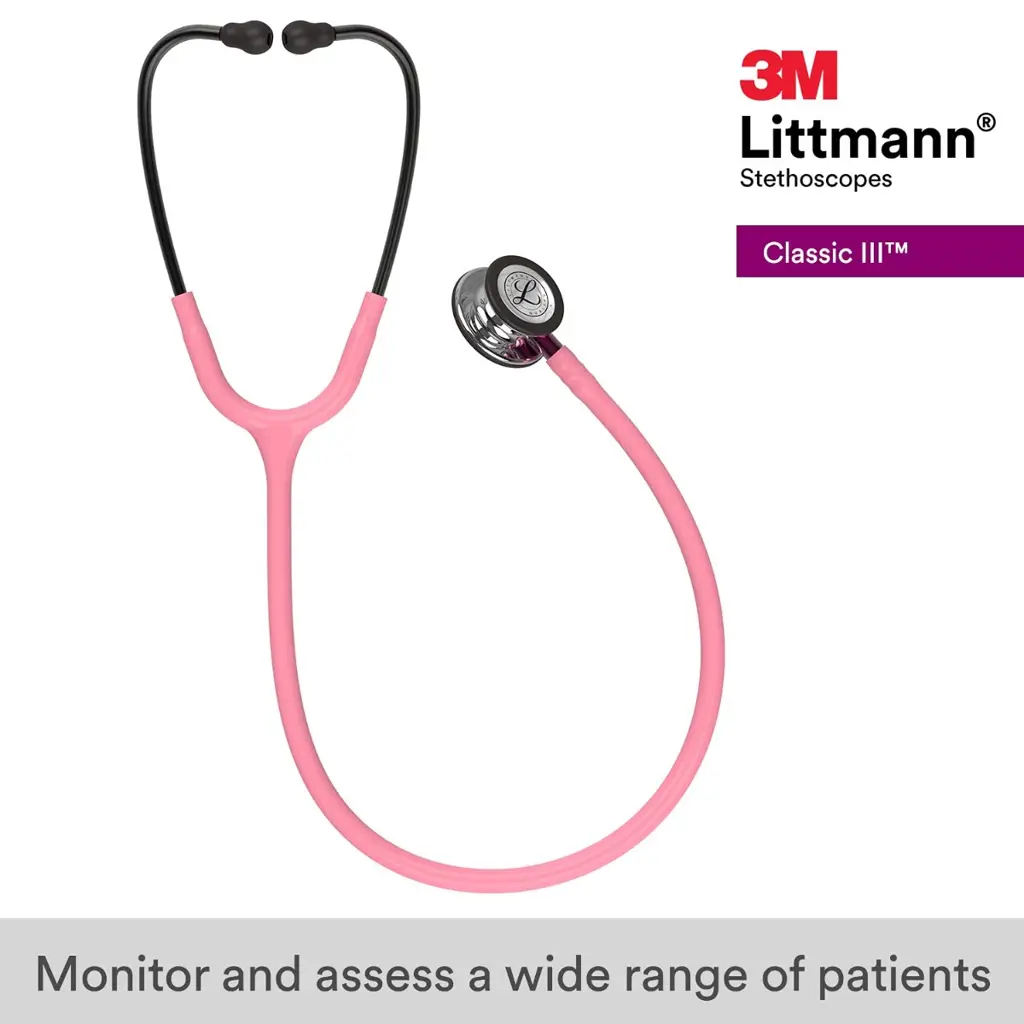 3M Littmann Classic III Monitoring Stethoscope, 5962, More Than 2X as Loud*, Weighs Less**, Stainless Steel Mirror-Finish Chestpiece, 27" Pearl Pink Tube, Pink Stem, and Smoke Headset