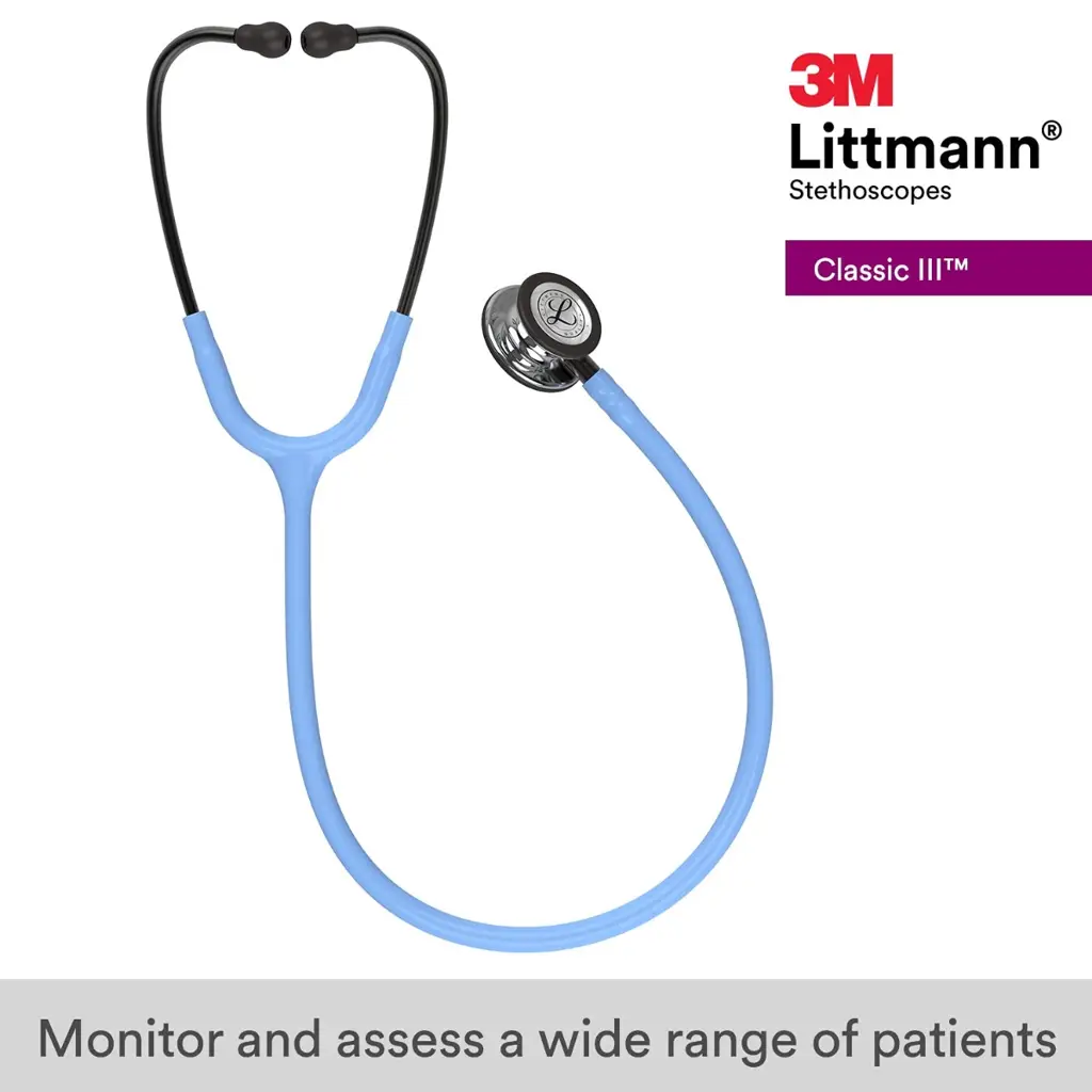 3M Littmann Classic III Monitoring Stethoscope, 5959, More Than 2X as Loud*, Weighs Less**, Stainless Steel Mirror-Finish Chestpiece, 27" Ceil Blue Tube, Smoke Stem, and Headset